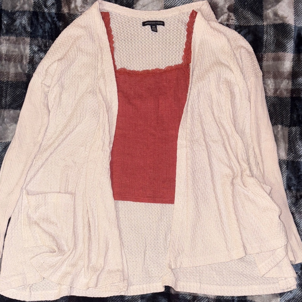 American Eagle Outfitters Cream Open-Front Cardigan + Gilly Hicks Hollister tank